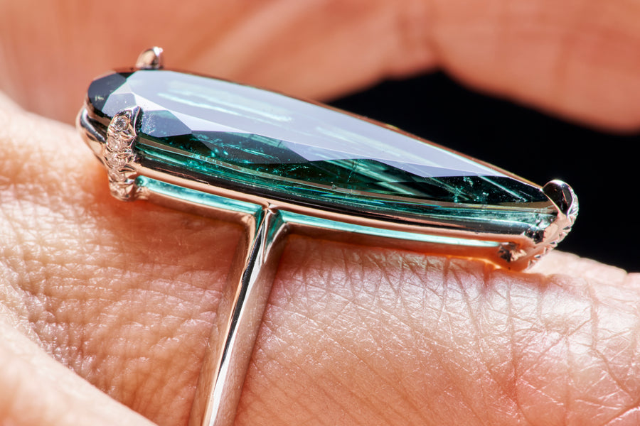 Elongated Teardrop Tourmaline Ring with White Diamond Pave Prongs
