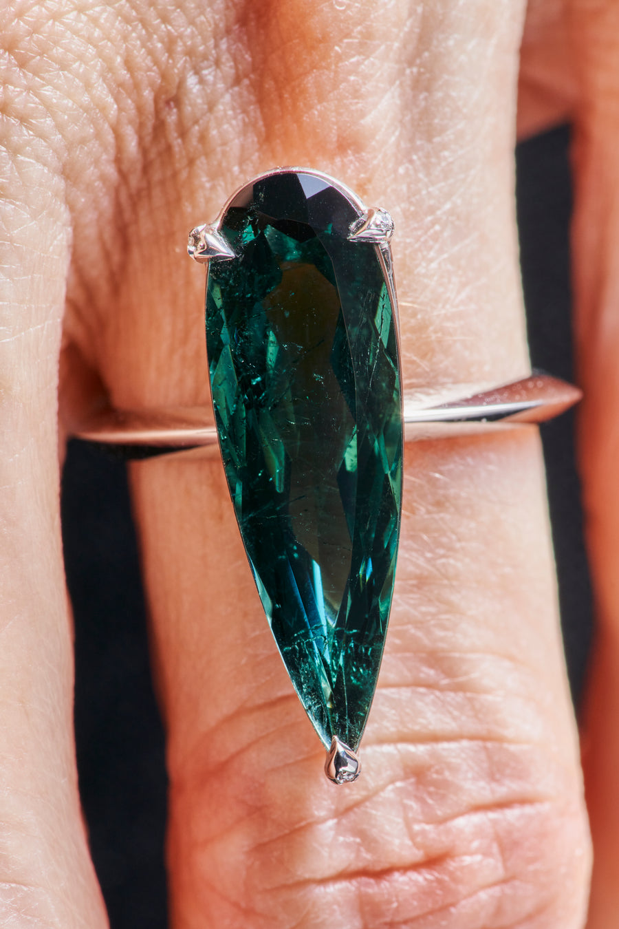 Elongated Teardrop Tourmaline Ring with White Diamond Pave Prongs