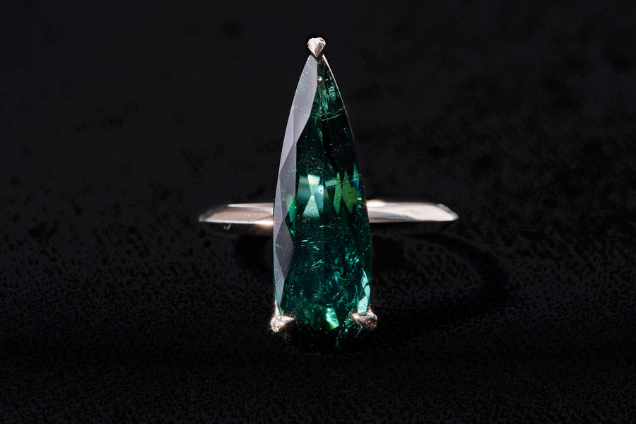 Elongated Teardrop Tourmaline Ring with White Diamond Pave Prongs