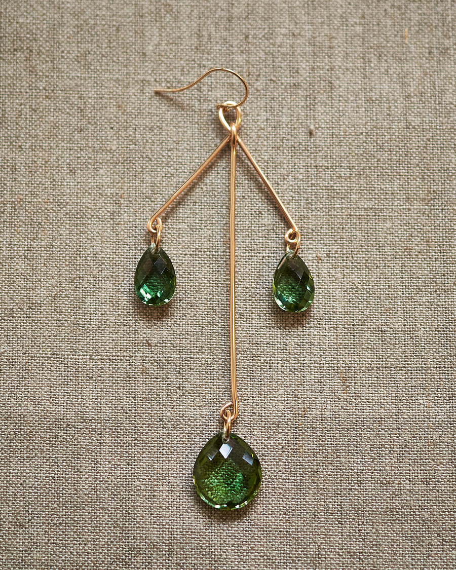 {Single} Trinity Sculpture Deep Green Amethyst Earrings