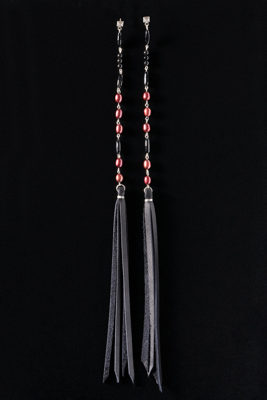 {SINGLE} Beaded Red Pearl and Leather earring.