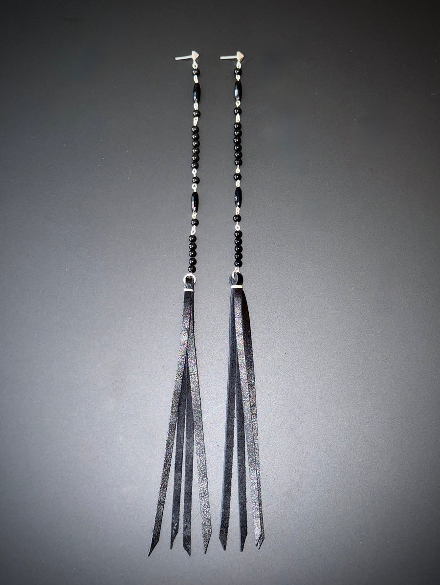 {SINGLE} Beaded Black Onyx and Leather earring