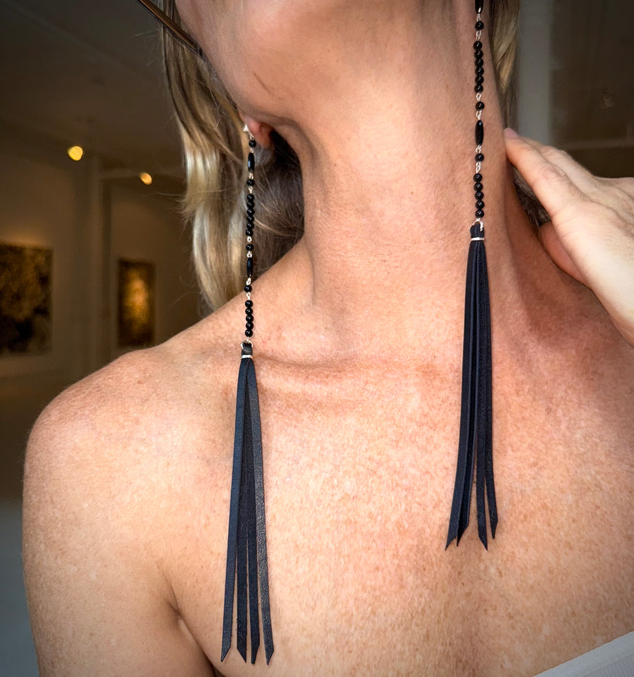 {SINGLE} Beaded Black Onyx and Leather earring