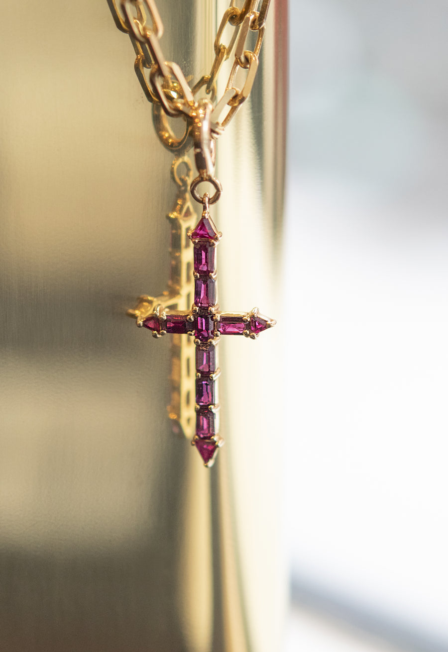Ruby Encrusted Cross Pendant Necklace