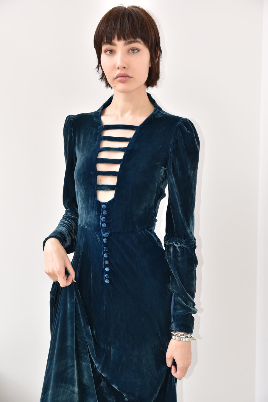 Vintage 1930s Sapphire Blue Silk Velvet Cage Front Gown Vintage 1930s Sapphire Blue Silk Velvet Cage Front Gown