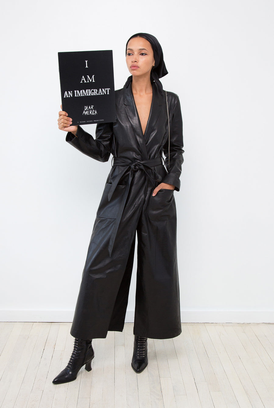 Camila IMG Model Wendy Nichol AW17 Clothing Fashion Anti Fascist Runway Show Dear America Handmade in NYC New York City Protest March I AM Thin Leather Duster Coat Jacket Matrix