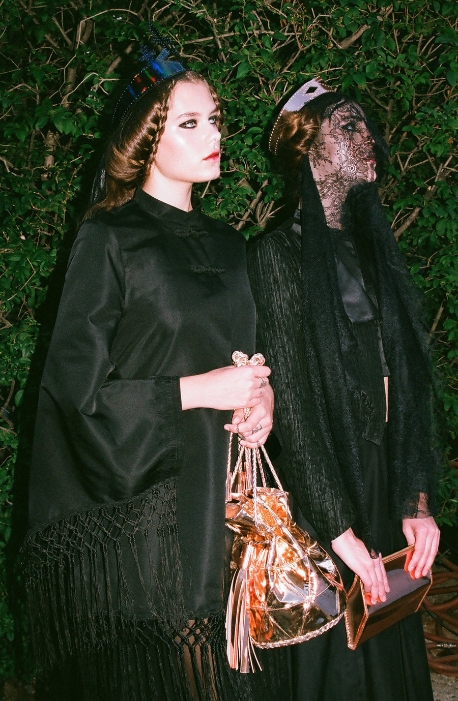 Solveig IMG Model Wendy Nichol First Fashion Runway Show SS14 Saints of the Zodiac Astrological Sign Pisces Fringe Cape Kimono Jacket Silk Tulle Sheer Black Veil Leather Queen Crown Elizabethan Victorian Gothic Sea Witch High Priestess Copper Metallic Bullet Bucket Bag Handmade in NYC New York City Bespoke Made to Measure Order Custom Tailoring Ali Aliana Lohan 