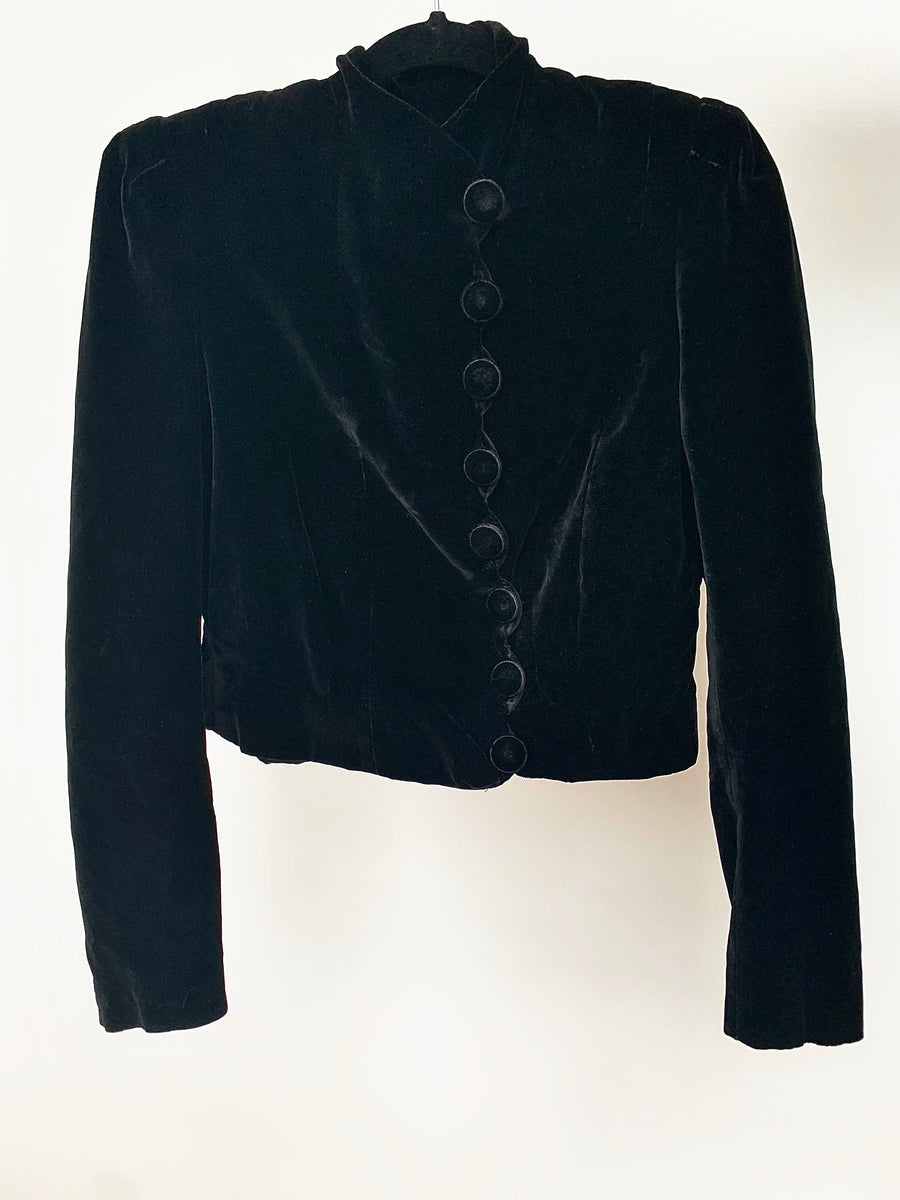 Vintage Silk Velvet Victorian Cropped Jacket with Covered Velvet Buttons