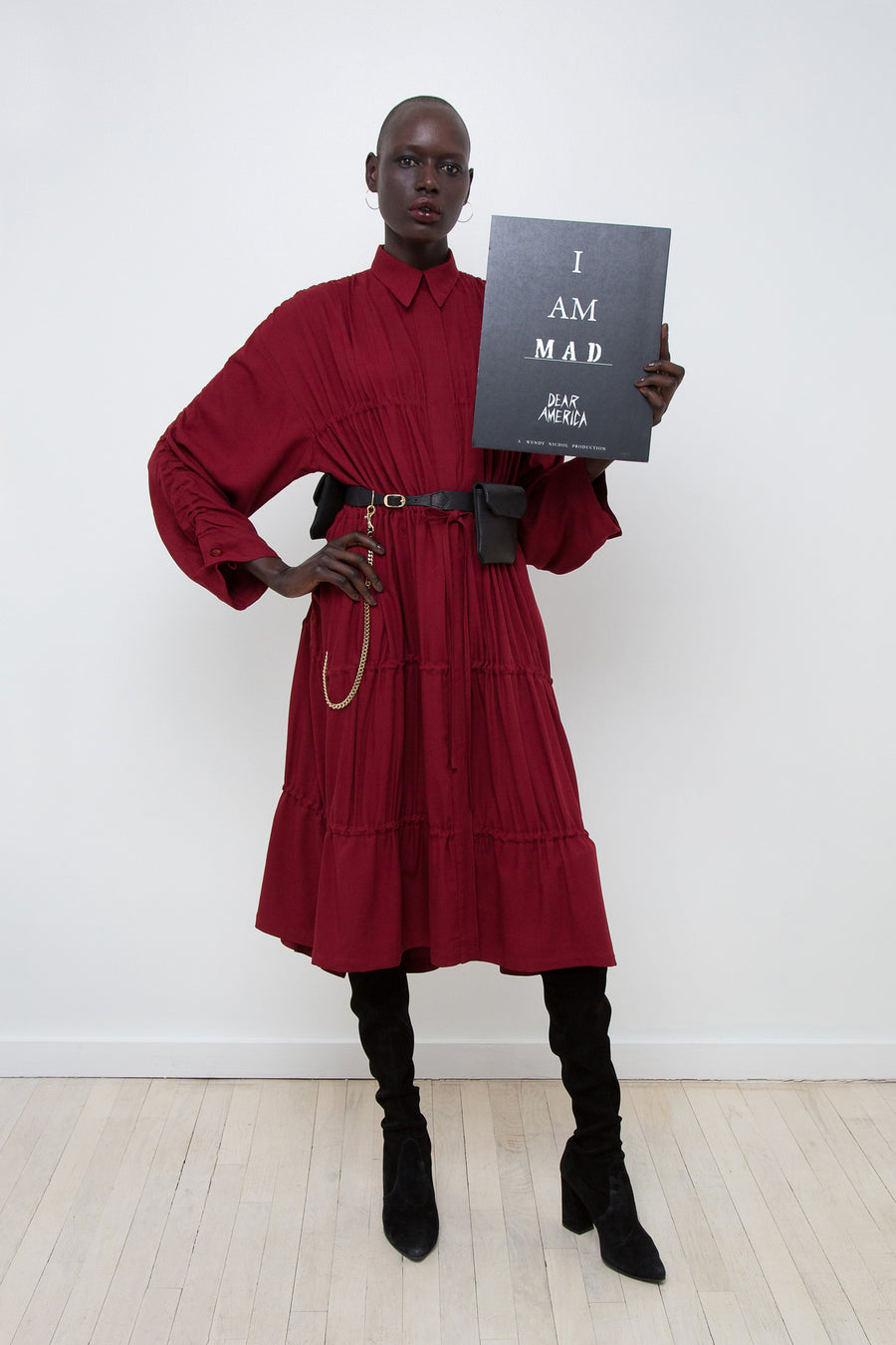 Ajak Deng IMG Model Wendy Nichol AW17 Clothing Fashion Anti Fascist Runway Show Dear America Handmade in NYC New York City Protest March I AM Drawstring Draw String Dress Coat Ruche Ruffle Collar Shirt Dress Red Long sleeves Blouse invisible buttons secret pockets Protest March 