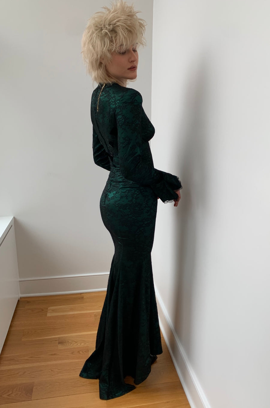 Vintage 1980’s Thierry Mugler Forest Green Silk and Black Lace Gown