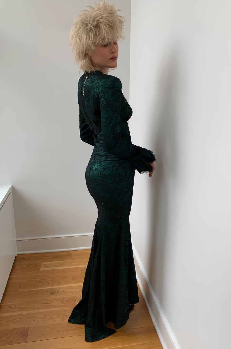 green silk dress with black lace Green Silk Slip Dress with French Lace and Velvet Straps by DrevelmaN Green / Silk / L
