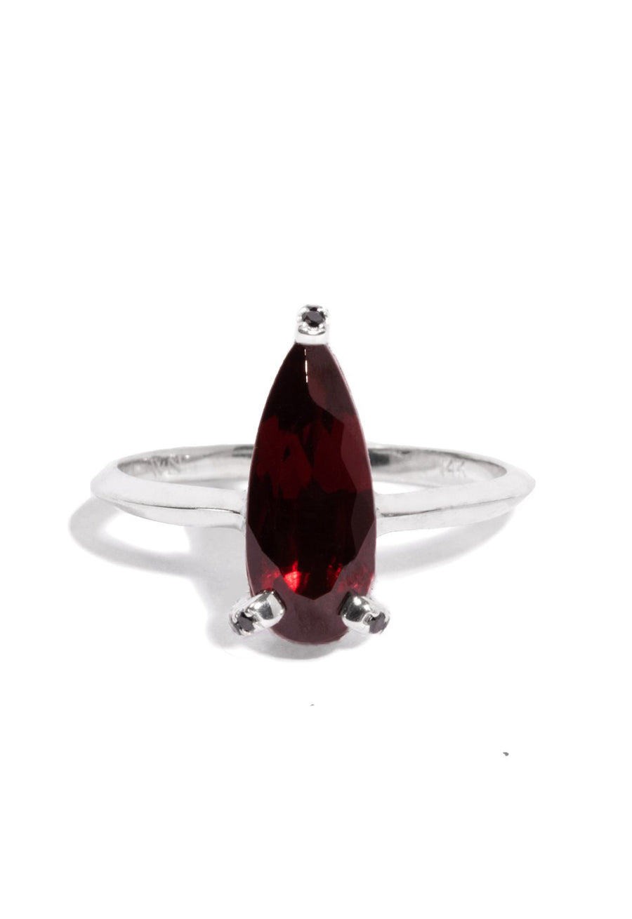 Teardrop Garnet Ring with Black Diamond Pave Prongs