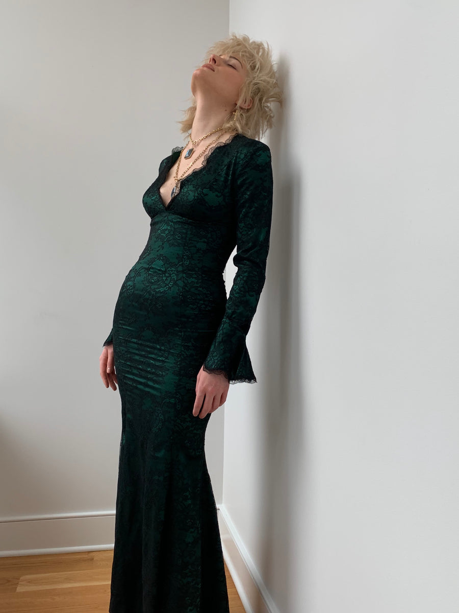 Vintage 1980's Thierry Mugler Forest Green Silk and Black Lace Gown Wendy Nichol Vintage 1980's Thierry Mugler Forest Green Silk and Black Lace Gown Wendy Nichol