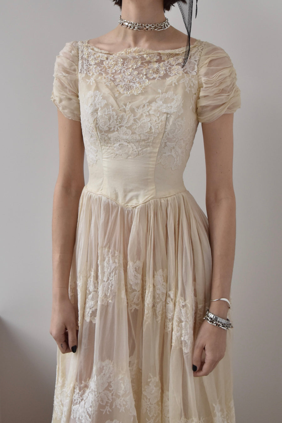 Vintage French Silk Lace Overlay Gown with Pearl Embroidery