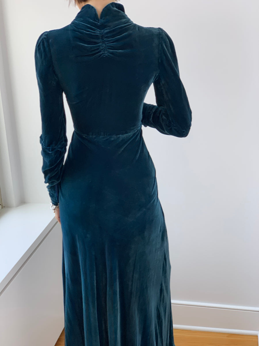 Vintage 1930’s Sapphire Blue Silk Velvet Cage Front Gown