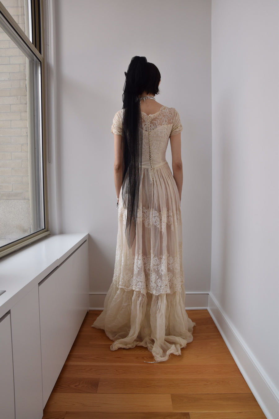 Vintage French Silk Lace Overlay Gown with Pearl Embroidery Vintage French Silk Lace Overlay Gown with Pearl Embroidery