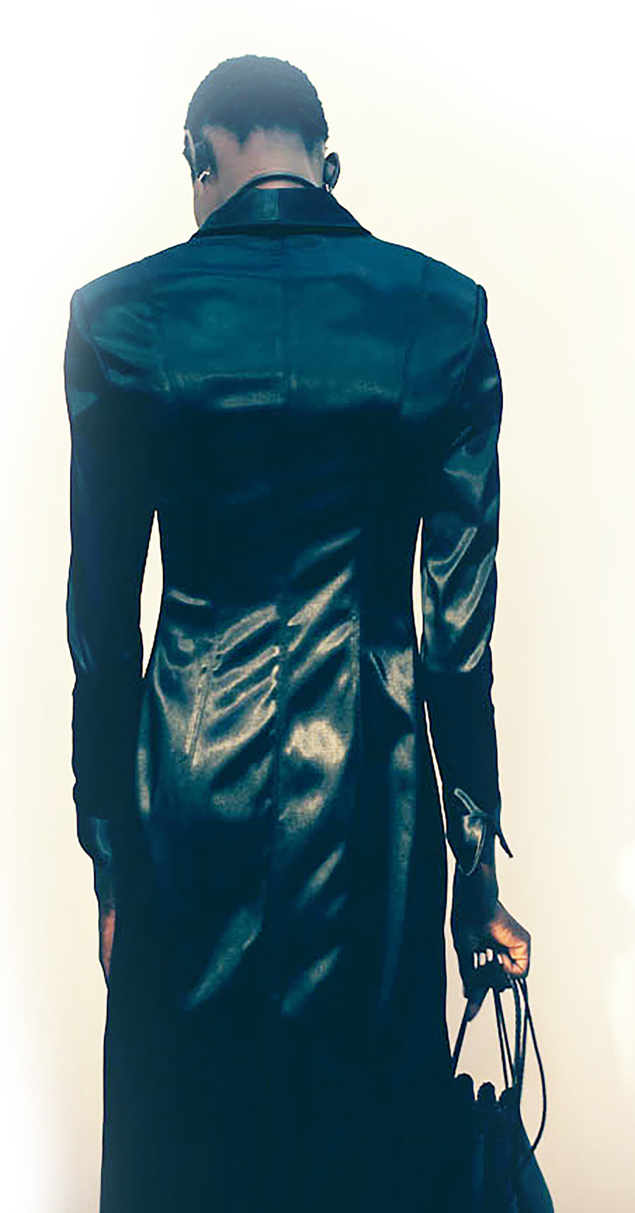Ajak Deng IMG Mode Silk Satin Long Tuxedo Jacket & Black Sheer french Lace Half Slip Skirt Wendy Nichol Clothing Fashion designer Handmade in NYC custom tailoring Fashion ready to wear show SS15