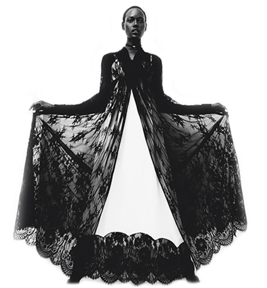 Ajak Deng IMG Model Black French Lace Empire Waist Coat Dress Wendy Nichol Clothing Fashion Designer Runway Show Handmade in NYC New York City SS15 Space Master Bespoke Made to Order Made to Measure Custom Tailoring Black Sheer Cut out Lace Long Sleeve Deep V Plunge Neck Empire Waist Dress Coat Wedding Bride cover Mother of the Bride Summer Spring