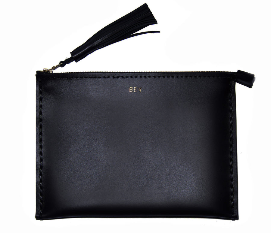 Bey Leather Large Laced Clutch Pouch Custom Embossed Initial Letter Monogram Card Phone Wallet Clutch Wendy Nichol Designer Purse handbags Handmade in NYC New York City Zip Zipper Pouch Smooth Black High Quality Leather Fringe Tassel Gold Silver Foil Beyonce Queen B Bey Bey 