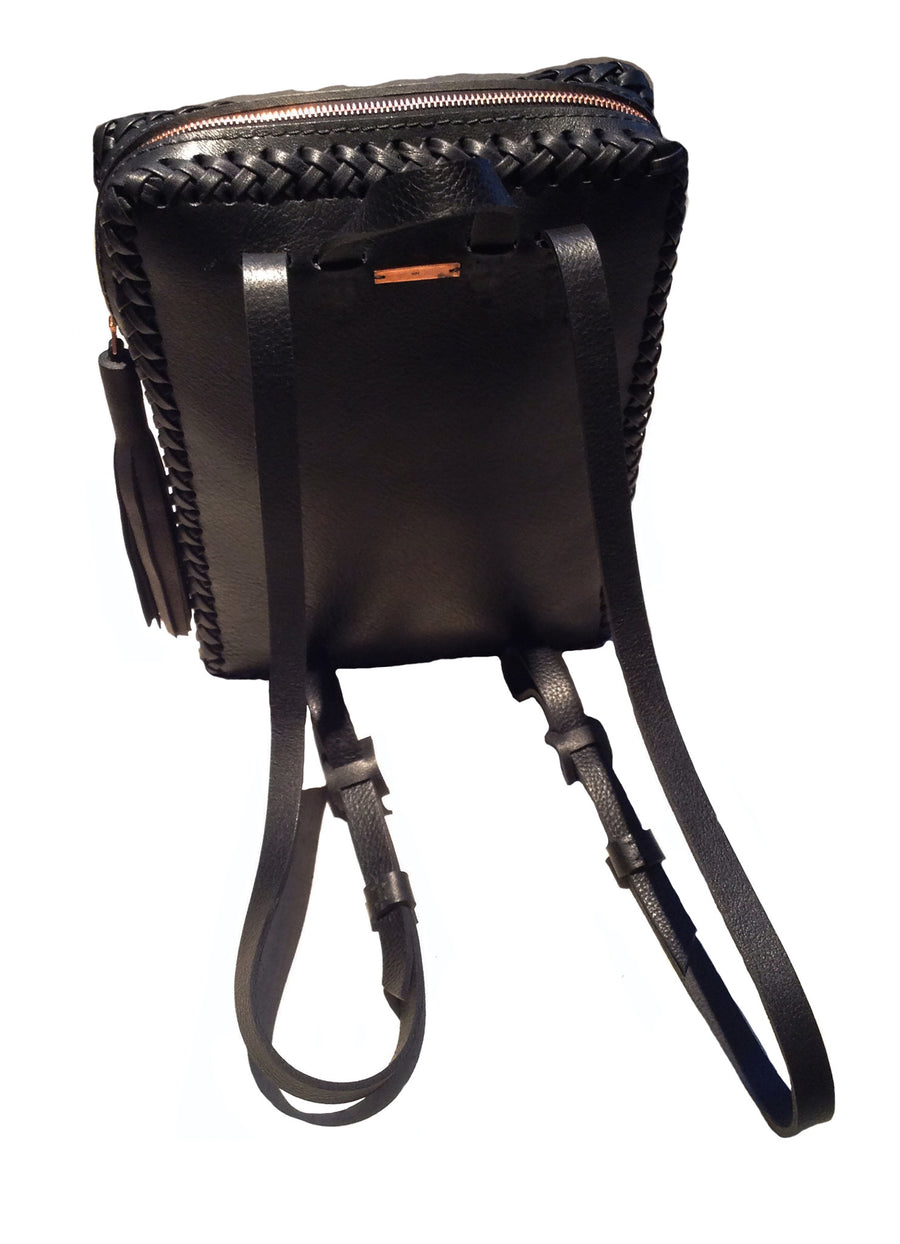 Black Leather Folio Backpack Wendy Nichol Handbag Purse Designer Handmade in NYC New York City Rectangle Square Braided Structured Structural French Work School Computer Backpack Travel Essentials Essential Luggage Fringe Tassel Adjustable Straps Zip Zipper High Quality Leather