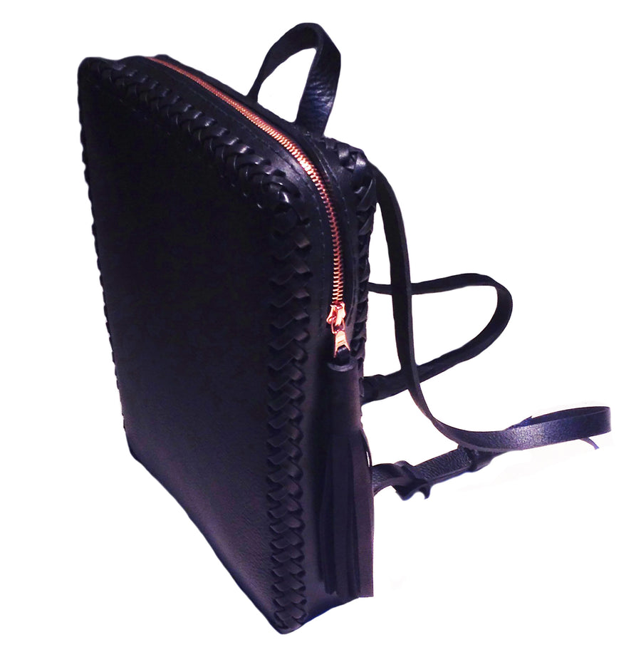 Black Leather Folio Backpack Wendy Nichol Handbag Purse Designer Handmade in NYC New York City Rectangle Square Braided Structured Structural French Work School Computer Backpack Travel Essentials Essential Luggage Fringe Tassel Adjustable Straps Zip Zipper High Quality Leather