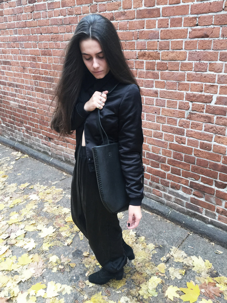 Wendy Nichol Clothing Designer Made to Order Custom Tailoring Made to Measure Handmade in NYC New York City Fashion Runway Show AW16 13 Incarnations Black Silk Satin Club Bomber Jacket Silk Charmeuse Ruche Ankle Pants Rayon Wool Interlining Warm Sweatpants High Waist Waisted
