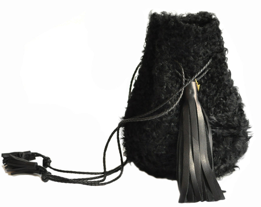 Shearling Curl Cow Leather Bullet Bag Wendy Nichol Handbag Purse Designer Handmade in NYC New York City Bucket Bag Fur Furry Drawstring pouch Large Fringe Tassel Tassels Curly Fur Furry Bucket