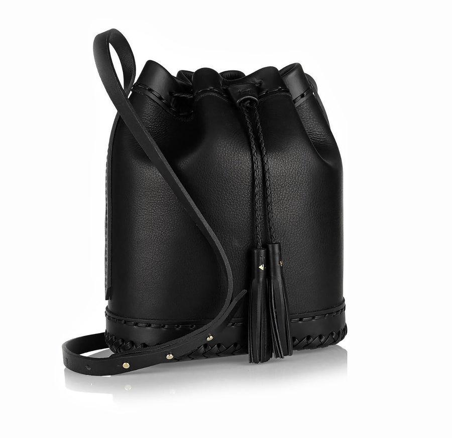 Black  Leather Small Carriage Bag Wendy Nichol Handbag Purse Designer Handmade in NYC New York City Bucket Bag Drawstring Draw string Pouch small fringe tassel Adjustable Durable Strap High Quality Leather