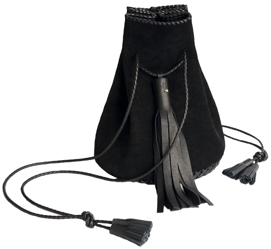 Black Suede Whipstitch Leather Bullet Bag Wendy Nichol Handbag Purse Designer Handmade in NYC New York City Bucket Bag Drawstring Pouch Large Fringe Tassel
