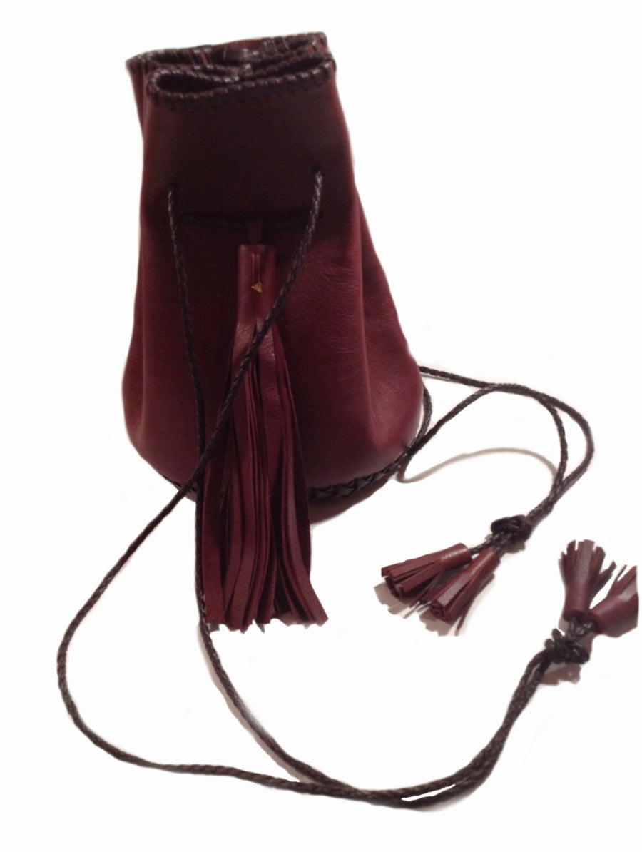 Burgundy Ox Blood Maroon Leather Leather Whipstitch Bullet Bag Wendy Nichol Designer Purse Handbag Handmade in NYC New York City Leather Fringe Tassel Drawstring Bucket Pouch Boho Handbag