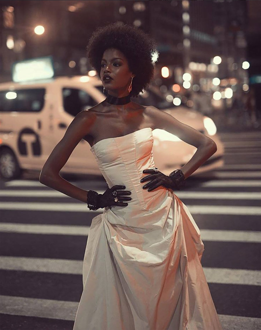 Ebonee Davis model white cream dress bustier corset Bazaar Icons Party Wendy Nichol a cinderella Story 