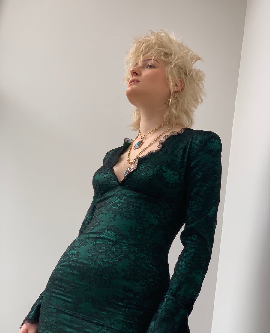 Vintage 1980's Thierry Mugler Forest Green Silk and Black Lace Gown Wendy Nichol Vintage 1980's Thierry Mugler Forest Green Silk and Black Lace Gown Wendy Nichol