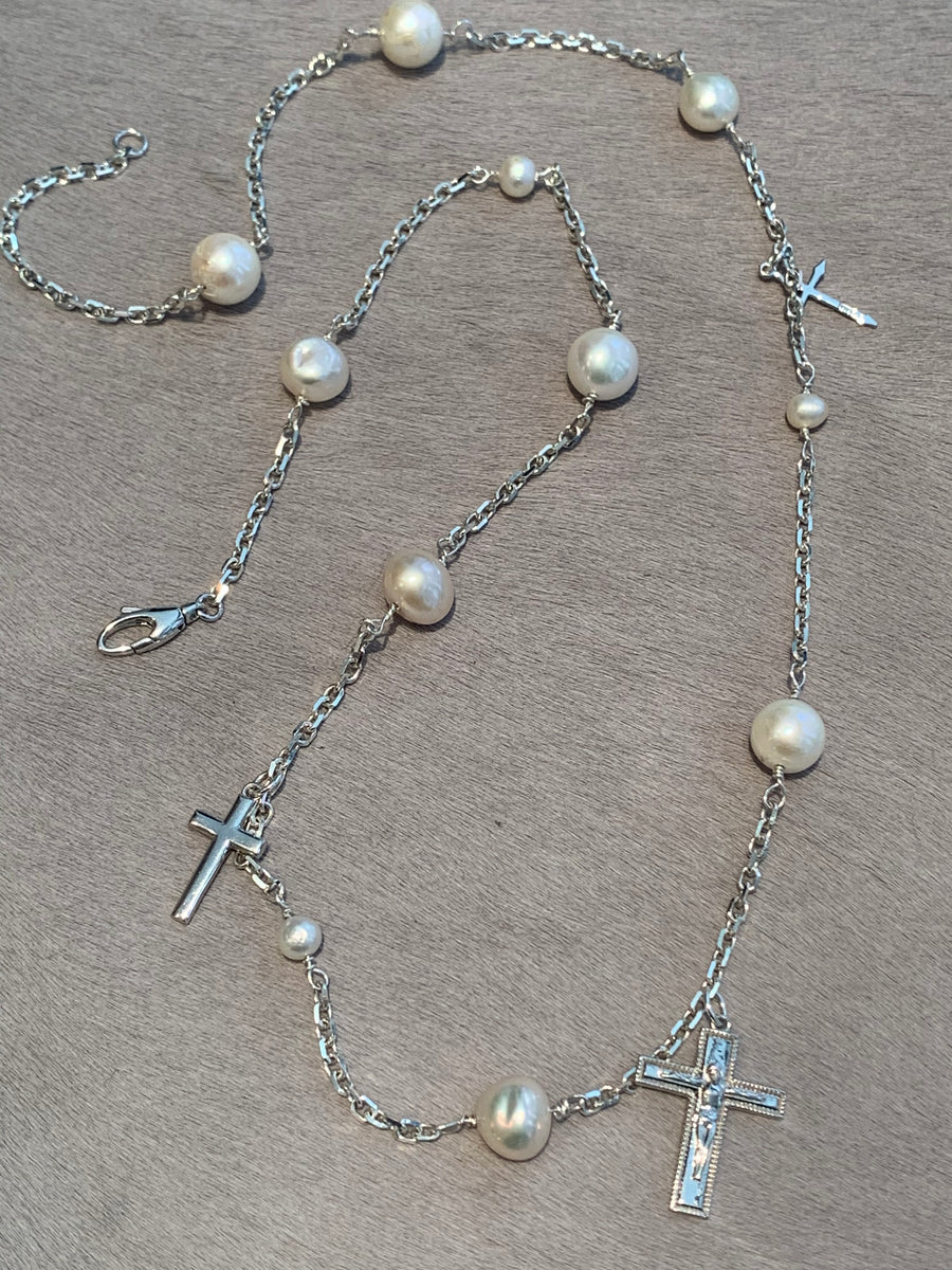 Sterling Silver Chain with Pearls and Crosses