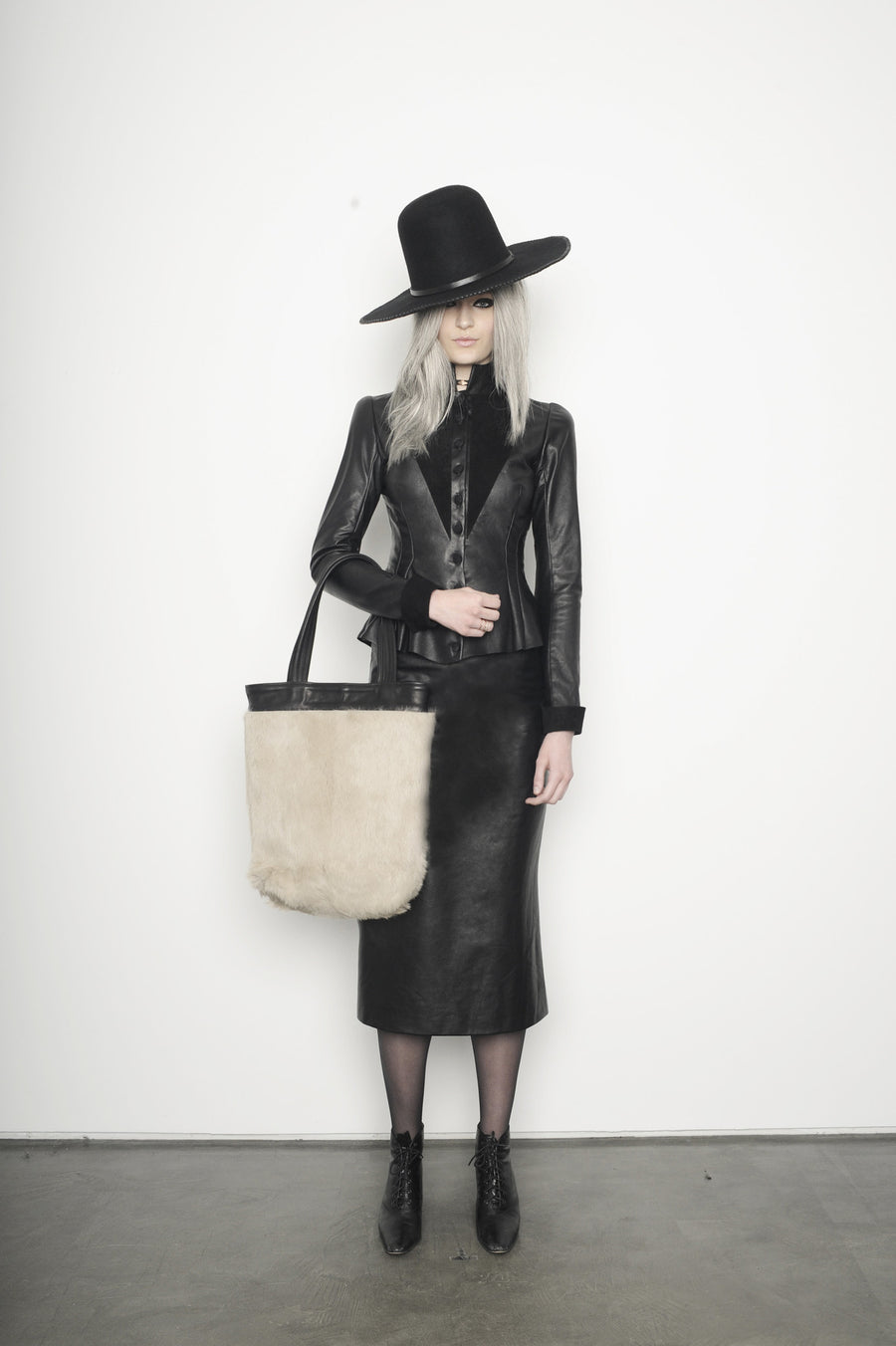 Rachel IMG Model Wendy Nichol Clothing Fashion Designer Runway Show AW15 Queen of Thieves Peaky Blinders Witch Plonge Soft Leather Black Suede Victorian Fitted Jacket Coat Fitted Tight Leather Skirt Handmade in NYC Custom Tailoring Fabric Color Made to Measure Order