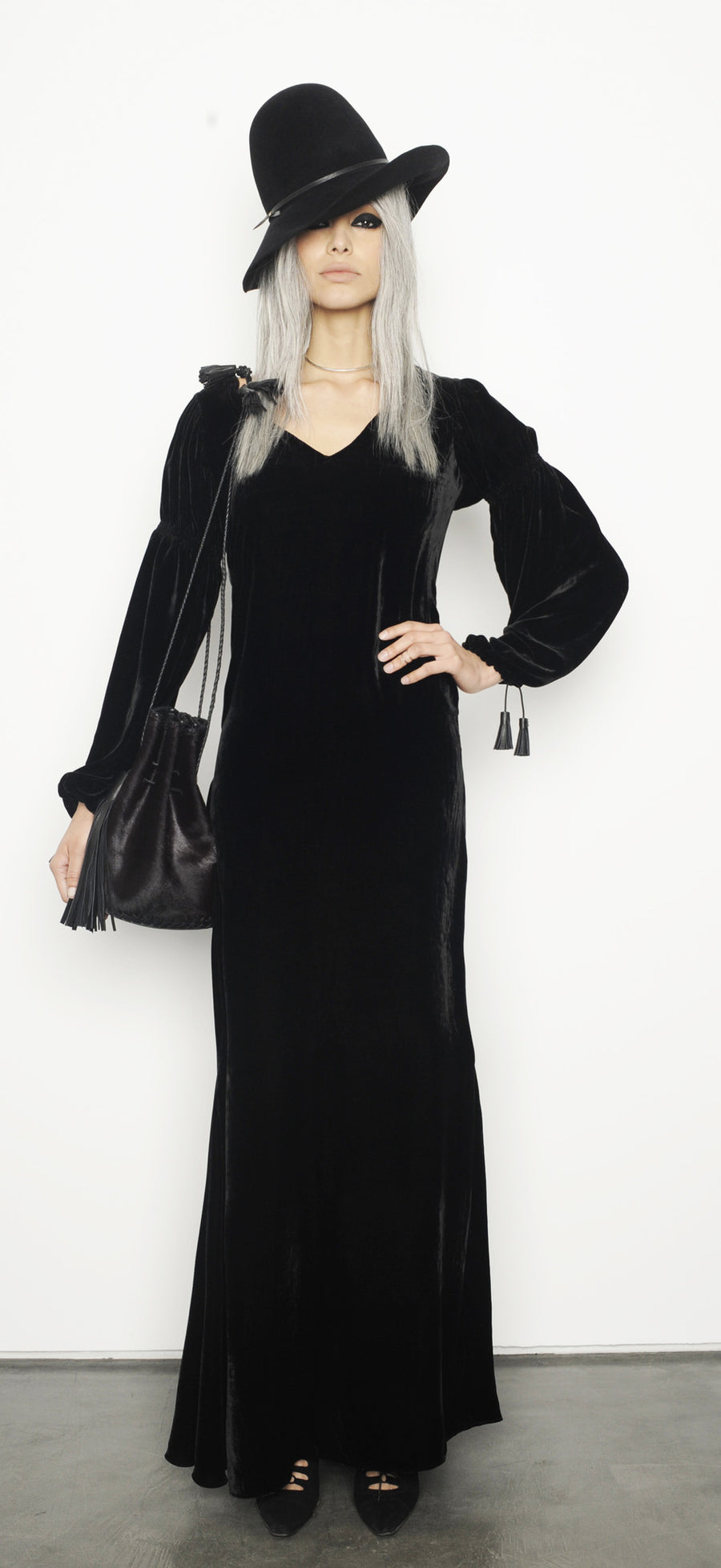 Monic IMG model Wendy Nichol Clothing Fashion Designer Runway Show AW15 Queen of Thieves Black Silk Velvet Dress Renaissance Puff Sleeve Gray Grey Hair Girl Gangster Peaky Blinders Handmade in NYC Custom Tailoring Color Fabric Made to Measure 