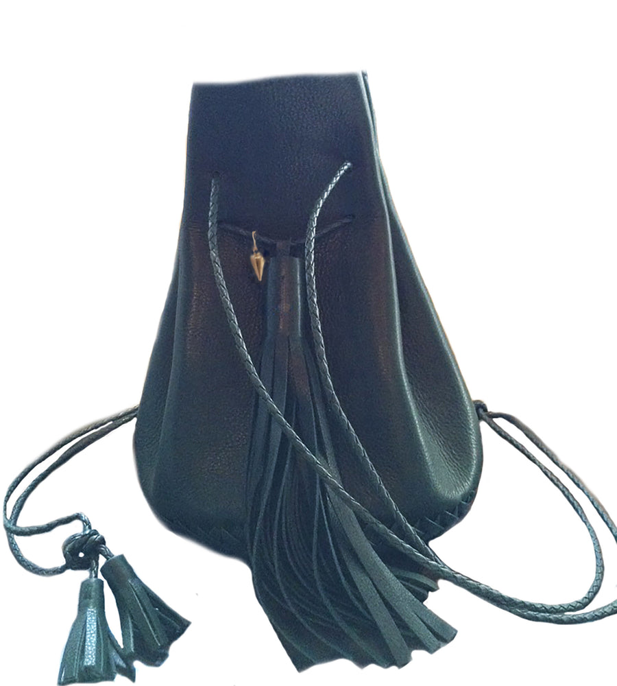 Eco Vegetable Tanned Dark Green Leather Signature Classic Bullet Bag Wendy Nichol Handmade in NYC New York City Leather Drawstring Bucket Pouch Purse Handbag Large Fringe Tassel Custom Made to Order