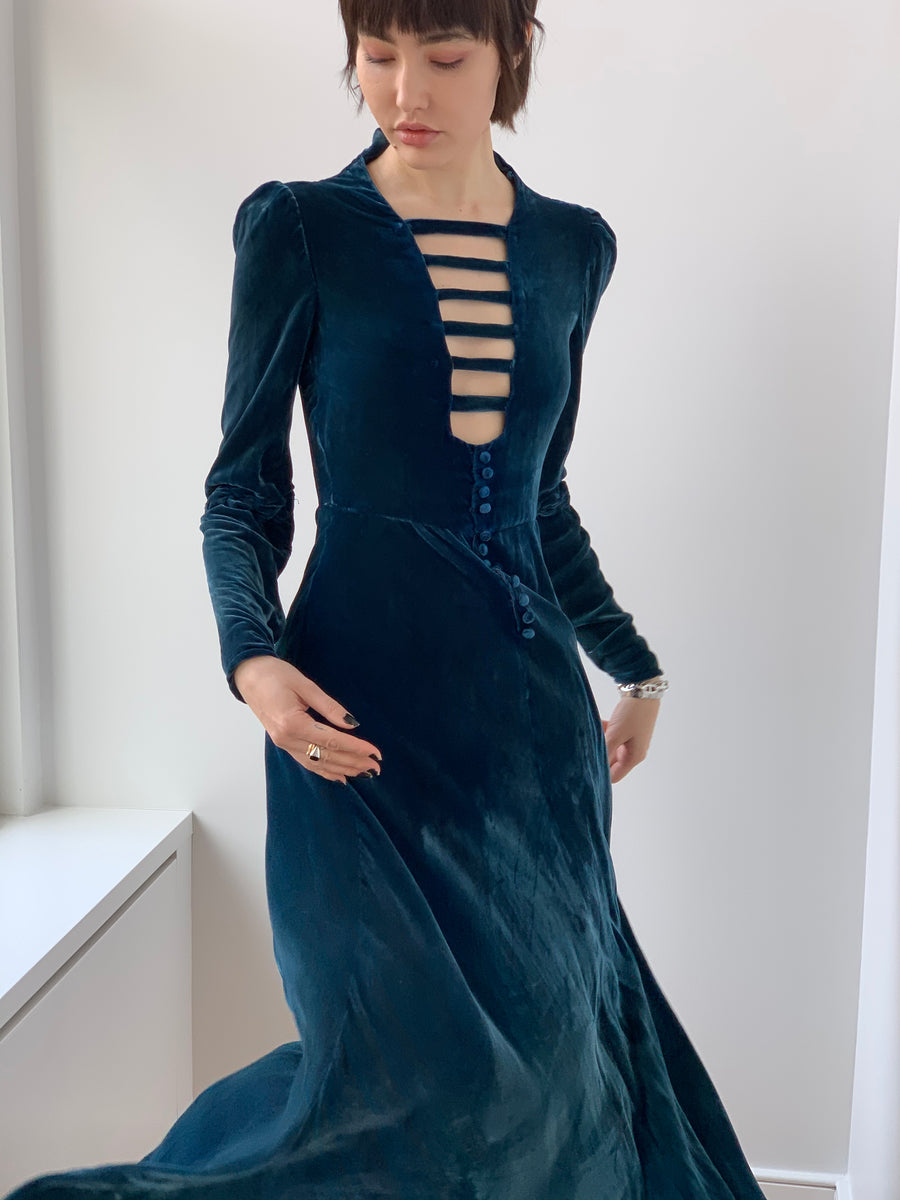 Vintage 1930's Sapphire Blue Silk Velvet Cage Front Gown Wendy Nichol Vintage 1930's Sapphire Blue Silk Velvet Cage Front Gown Wendy Nichol