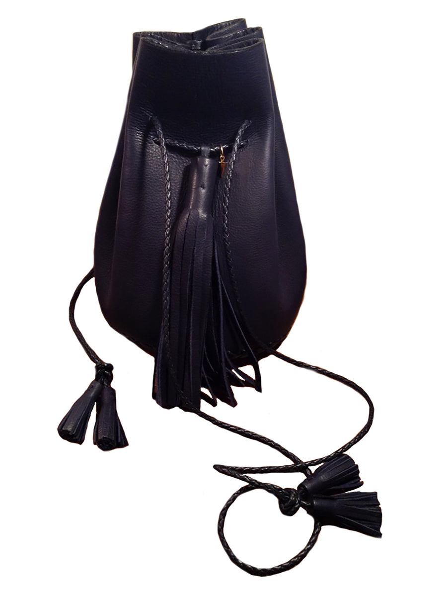 Eco Navy Leather Signature Classic Bullet Bag Wendy Nichol Handmade in NYC New York City Leather Drawstring Bucket Pouch Purse Handbag Large Fringe Tassel Custom Made to Order