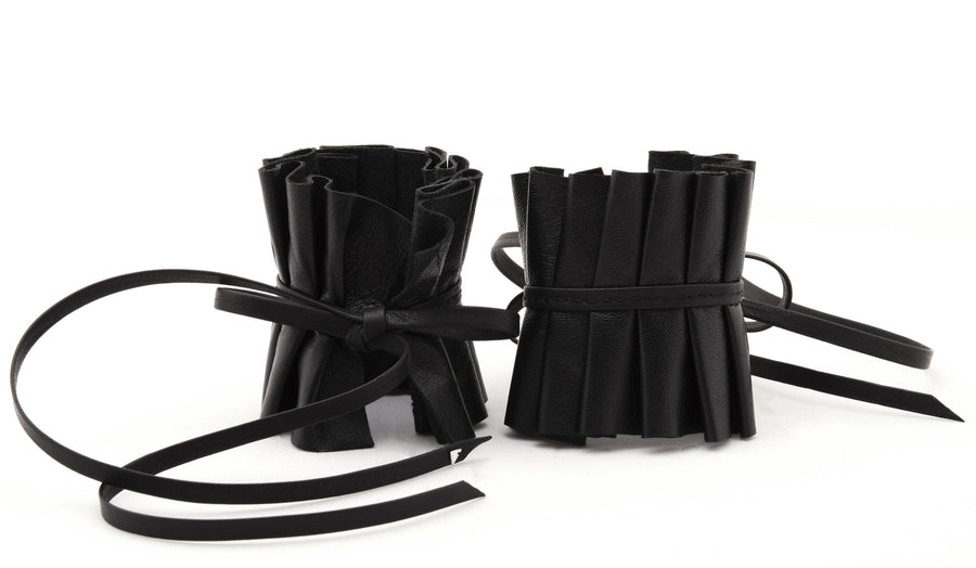 Edwardian Pleated Black Leather Wrist Cuffs Wendy Nichol Designer Handmade in NYC Victorian Gothic Leather Suede Bow Pleated Cuffs