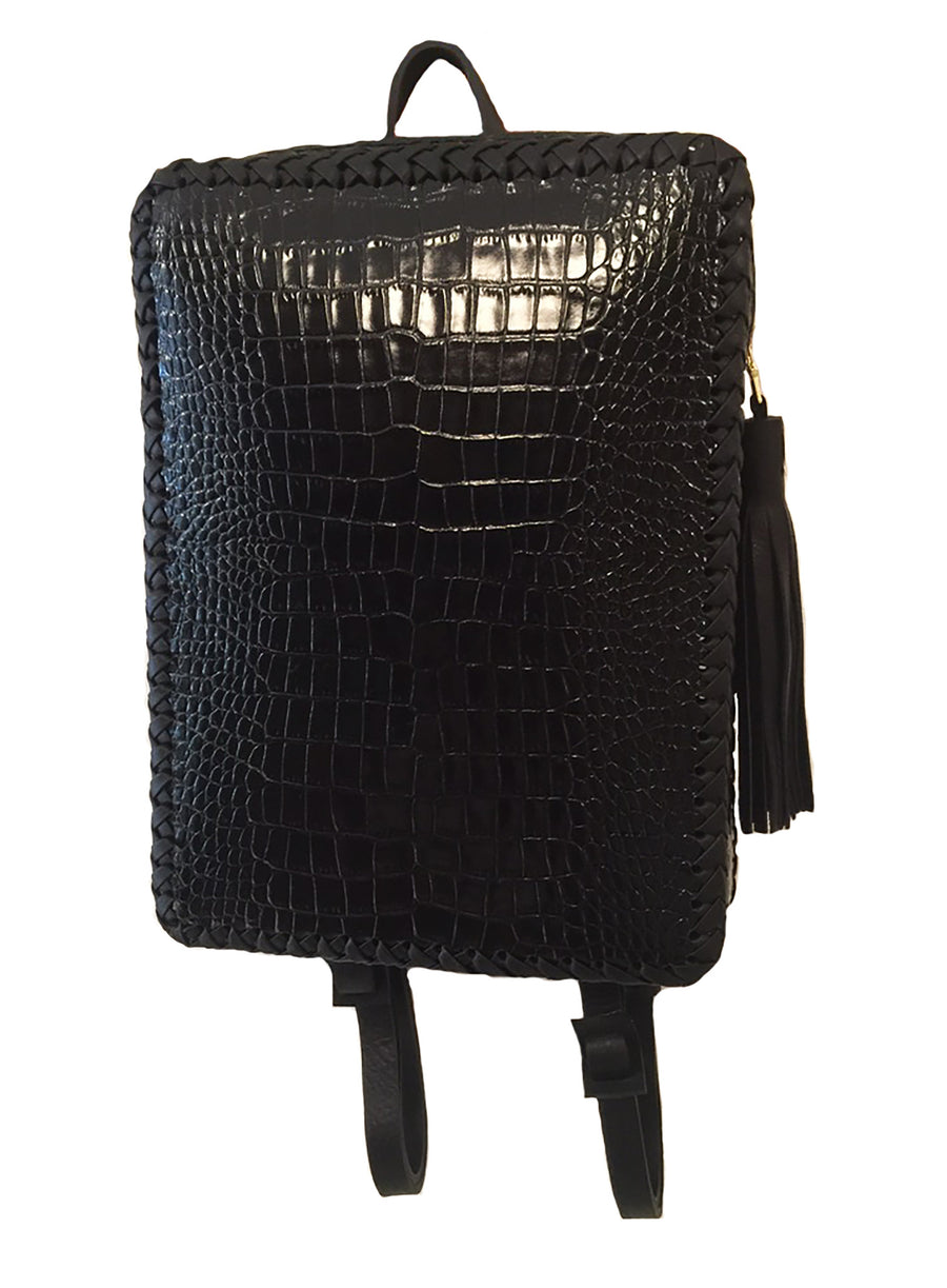 Black Shiny Embossed Croc Crocodile Alligator Cowhide Leather Folio Backpack Wendy Nichol Handbag Purse Designer Handmade in NYC New York City Rectangle Square Braided Structured Structural French Work School Backpack Fringe Tassel Adjustable Straps Zip Zipper High Quality Leather