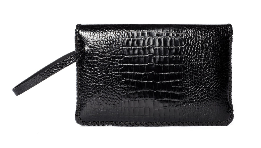 Black Shiny Reflective Embossed Croc Crocodile Alligator Cowhide Leather Whipstitch Edge Midnight Rider Clutch Wendy Nichol Luxury Handbag Purse Designer Handmade in NYC New York City Envelope Flap Closure Magnet Magnetic Wrist Wristlet Clutch Pouch Evening Bag Red Carpet High Quality Leather