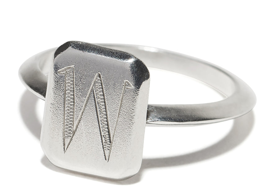Engraved Initial Monogram Emerald Rectangle Square Shape Ring Wendy Nichol Fine Jewelry Designer solid Sterling Silver 14k Gold Yellow Rose White Knife Edge Band custom Engraved Monogram Nameplate Signet
