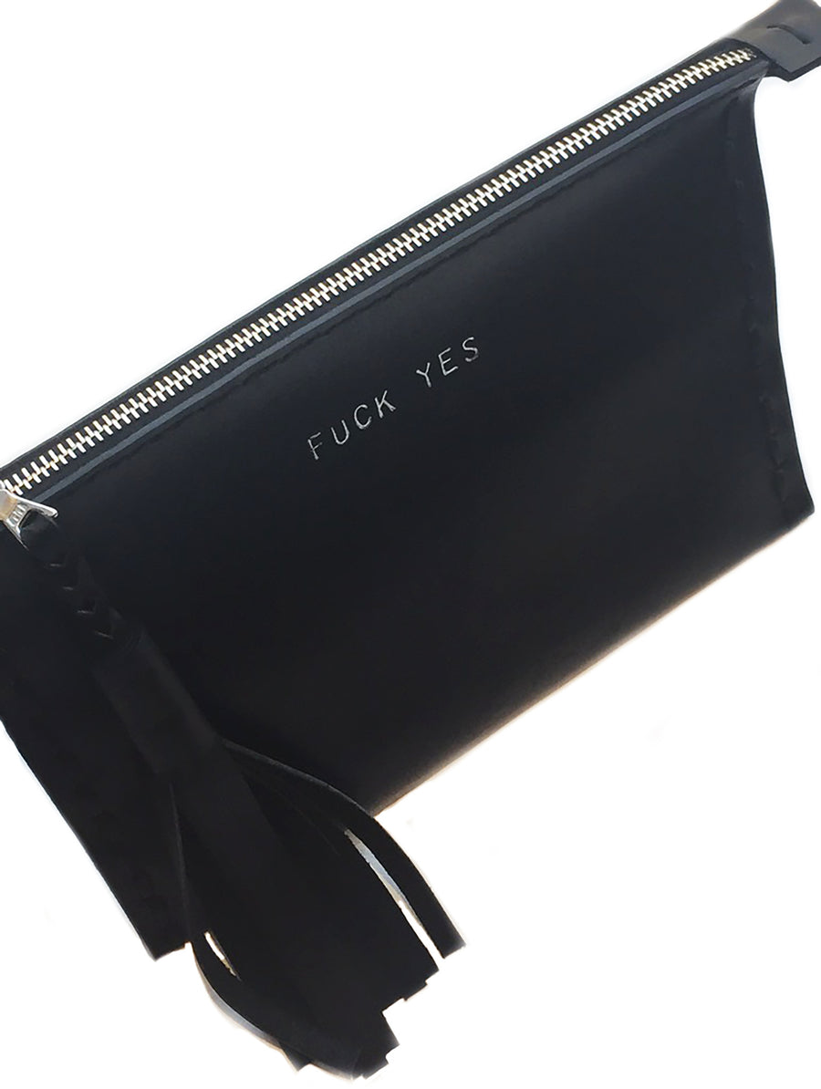 Embossed FUCK YES Laced Leather Clutch Pouch Wendy Nichol Luxury Handbags Bag Purse Designer Handmade in NYC New York City Zip Zipper Pouch Wallet Fringe Tassel Embossed Gold Silver Foil Fuck No Fuck Off Fuck You Small Medium Large Size Smooth High Quality Black Leather