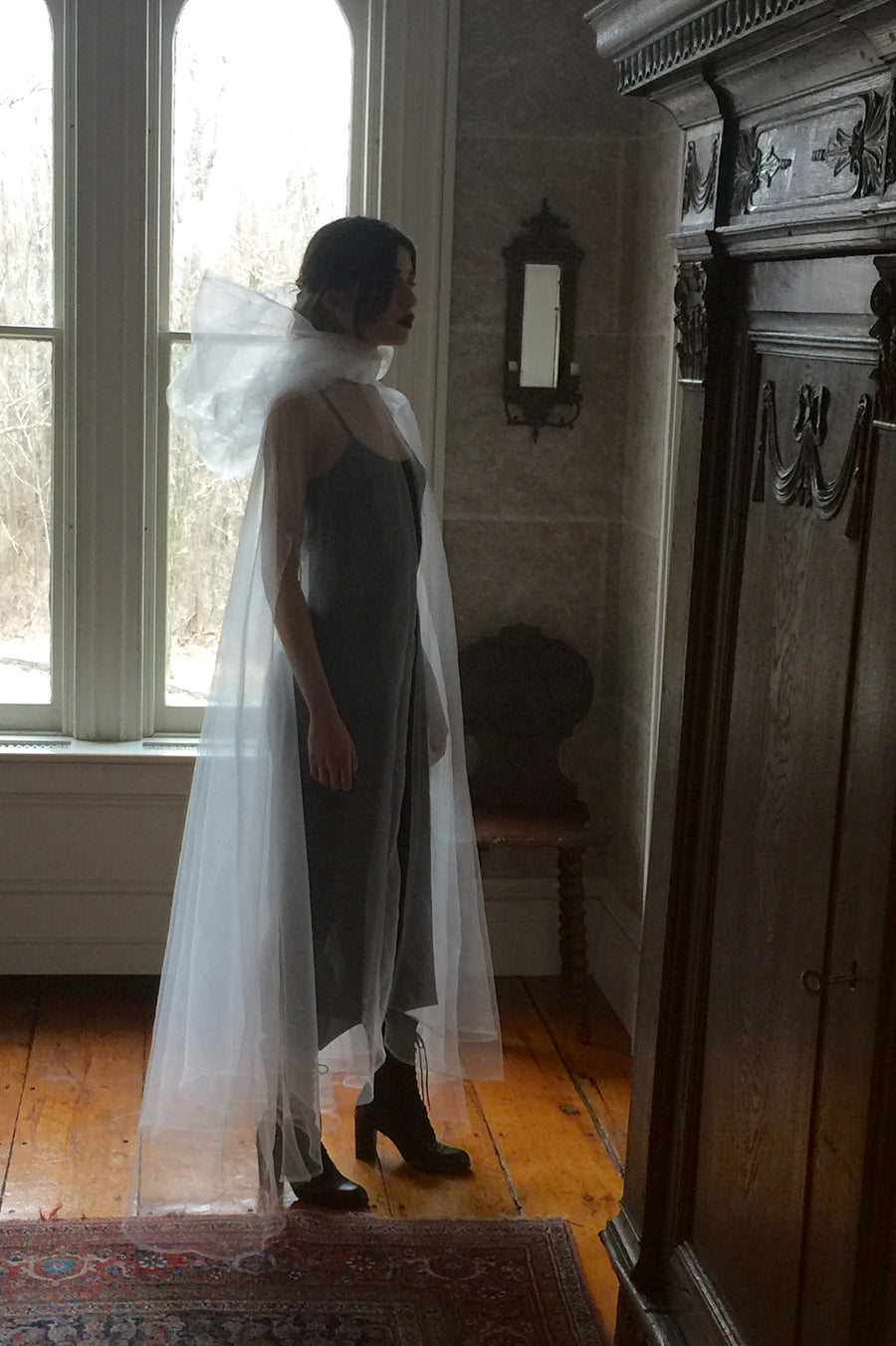 Vanessa M. IMG Model Wendy Nichol Clothing Designer Made to Order Custom Tailoring Made to Measure Handmade in NYC New York City Fashion Runway Show AW16 13 Incarnations White Ghost Edwardian Sheer Organza Hooded Hood Cape Cloak Satin Bow Bride Wedding Veil cover Victorian Edwardian Gothic sheer chiffon Ruche Ankle Jumper Jumpsuit Summer 