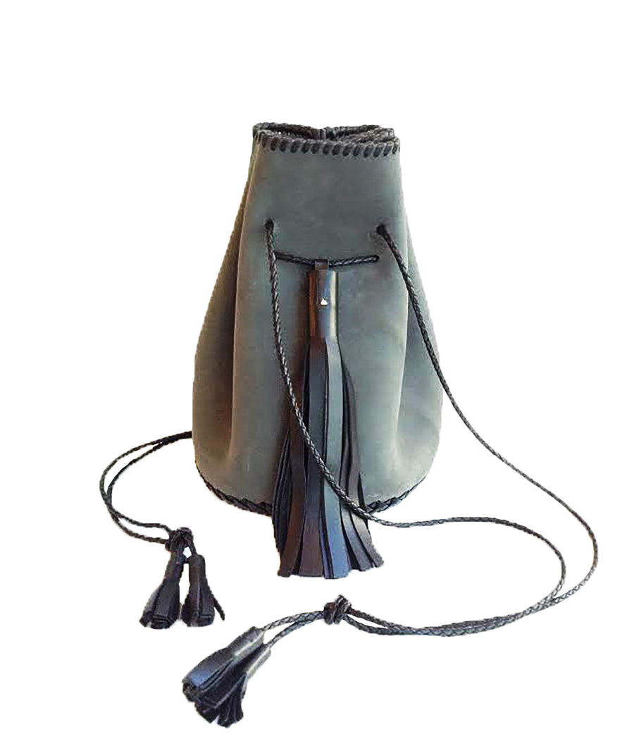 Gray Grey Whipstitch Ear Friendly Vegetable Tanned Eco Leather Bullet Bag Wendy Nichol Leather Handbag Purse Designer Handmade in NYC New York City Bucket Bag Drawstring Pouch Large Fringe Tassel