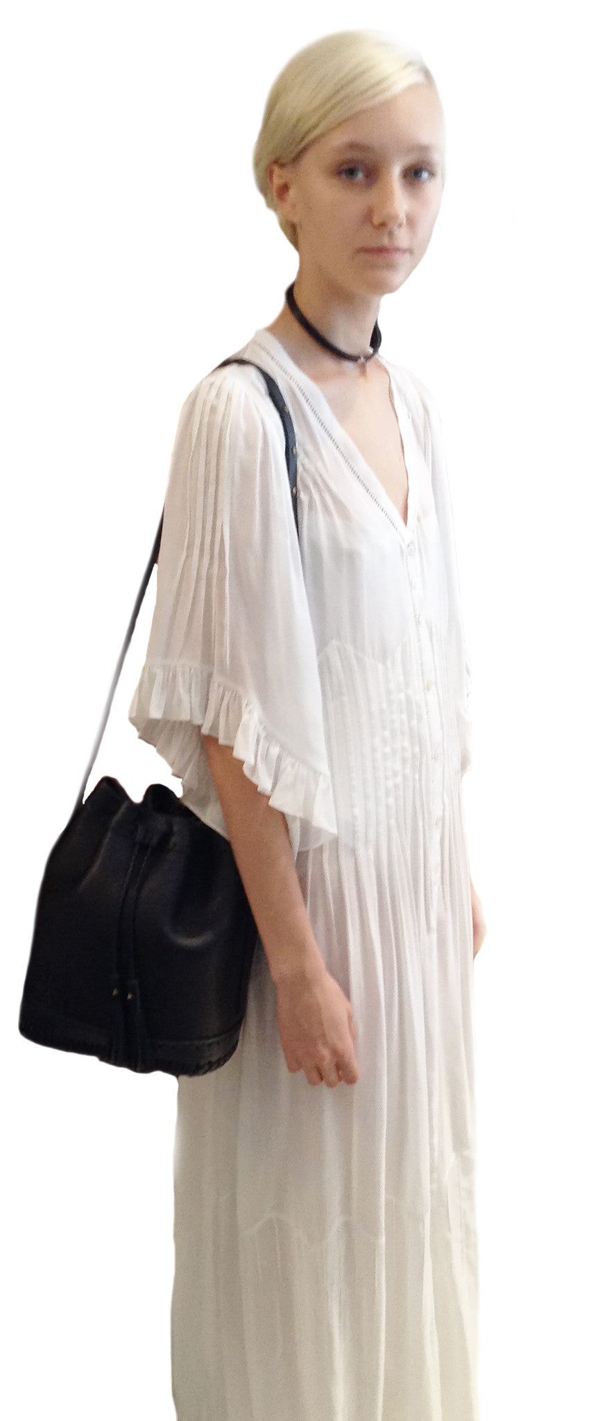 Juliette Fazekas IMG Model SS15 Space Master Fashion Show Leather Small Carriage Bag Wendy Nichol Handbag Purse Designer Handmade in NYC New York City Bucket Bag Drawstring Draw string Pouch small fringe tassel Adjustable Durable Strap High Quality Leather