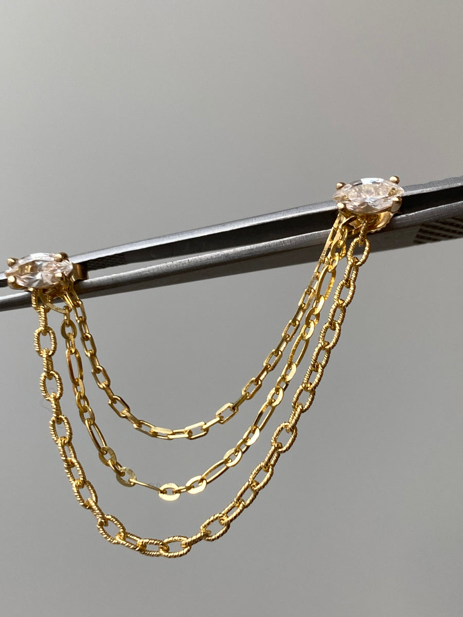 Double Piercing Sapphire Stud on Triple Chain Link