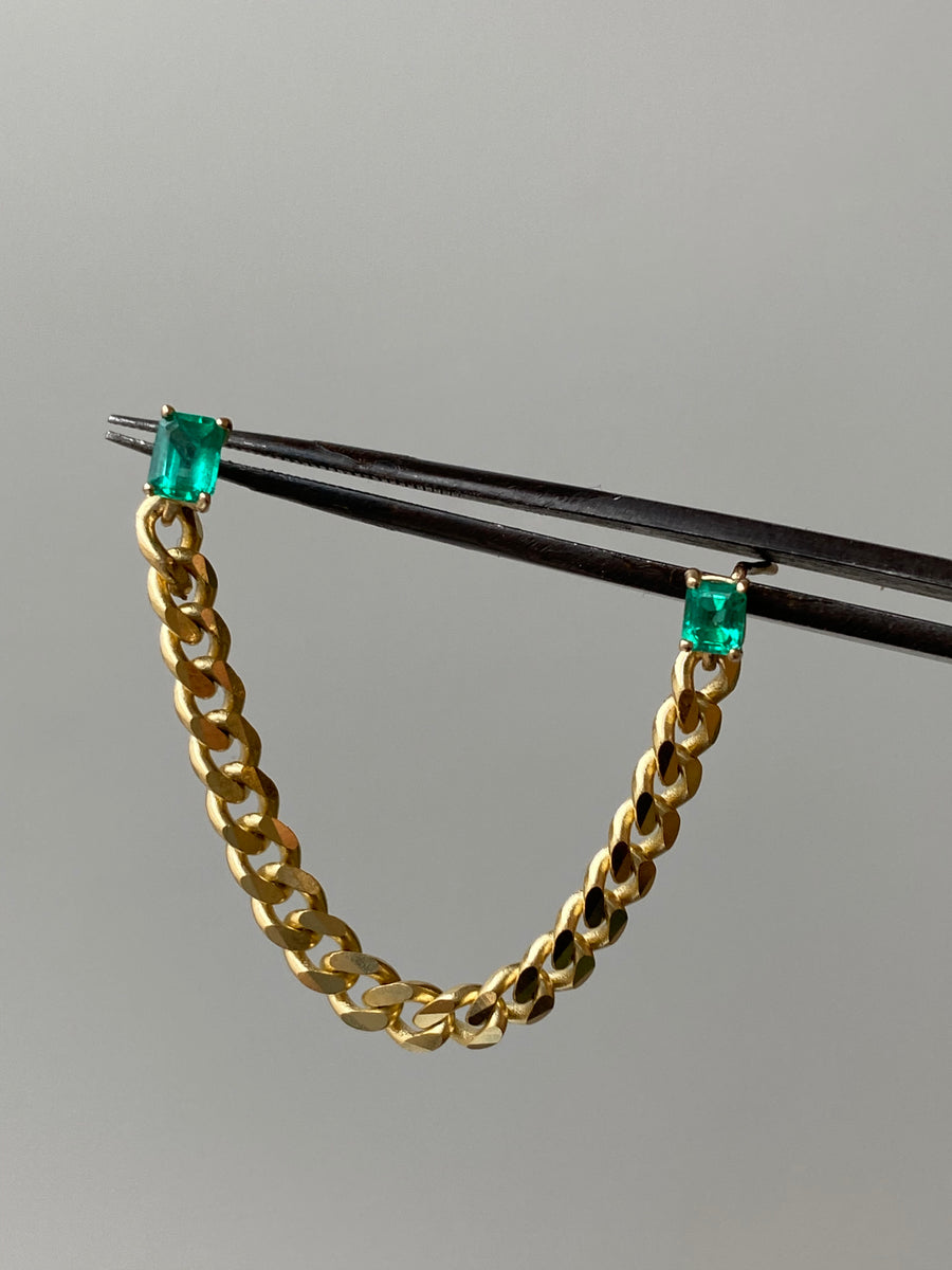 Double Piercing Emerald Shape Emerald Stud on Cuban Link