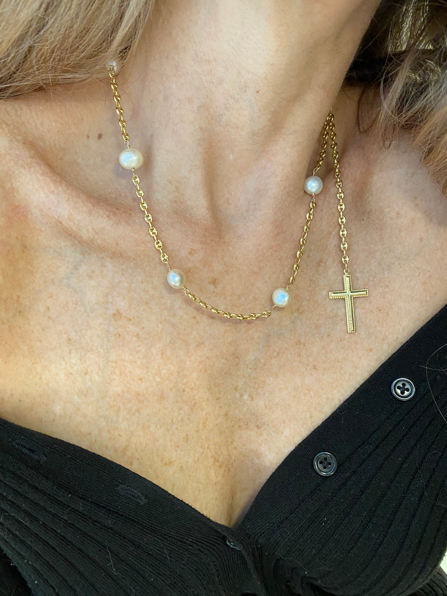 14K Gold Puffy Mariner Chain with 10mm Japanese pearls and Gold Perles Cross