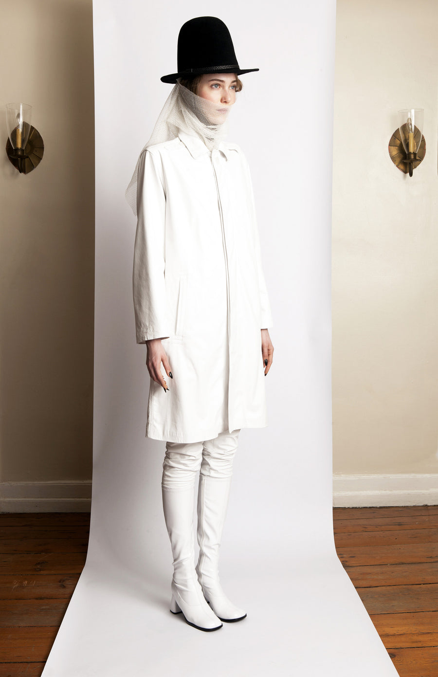 Basia IMG Model Wendy Nichol Clothing Designer Ready to Wear Fashion Runway Show AW13 Witch Lessons Winter White Plonge Leather Coat White Leather Pants Tight Handmade in NYC Custom Tailoring Fitting Size Color Fabric Handmade in NYC Made to Measure custom White witch El Topo felt hat 